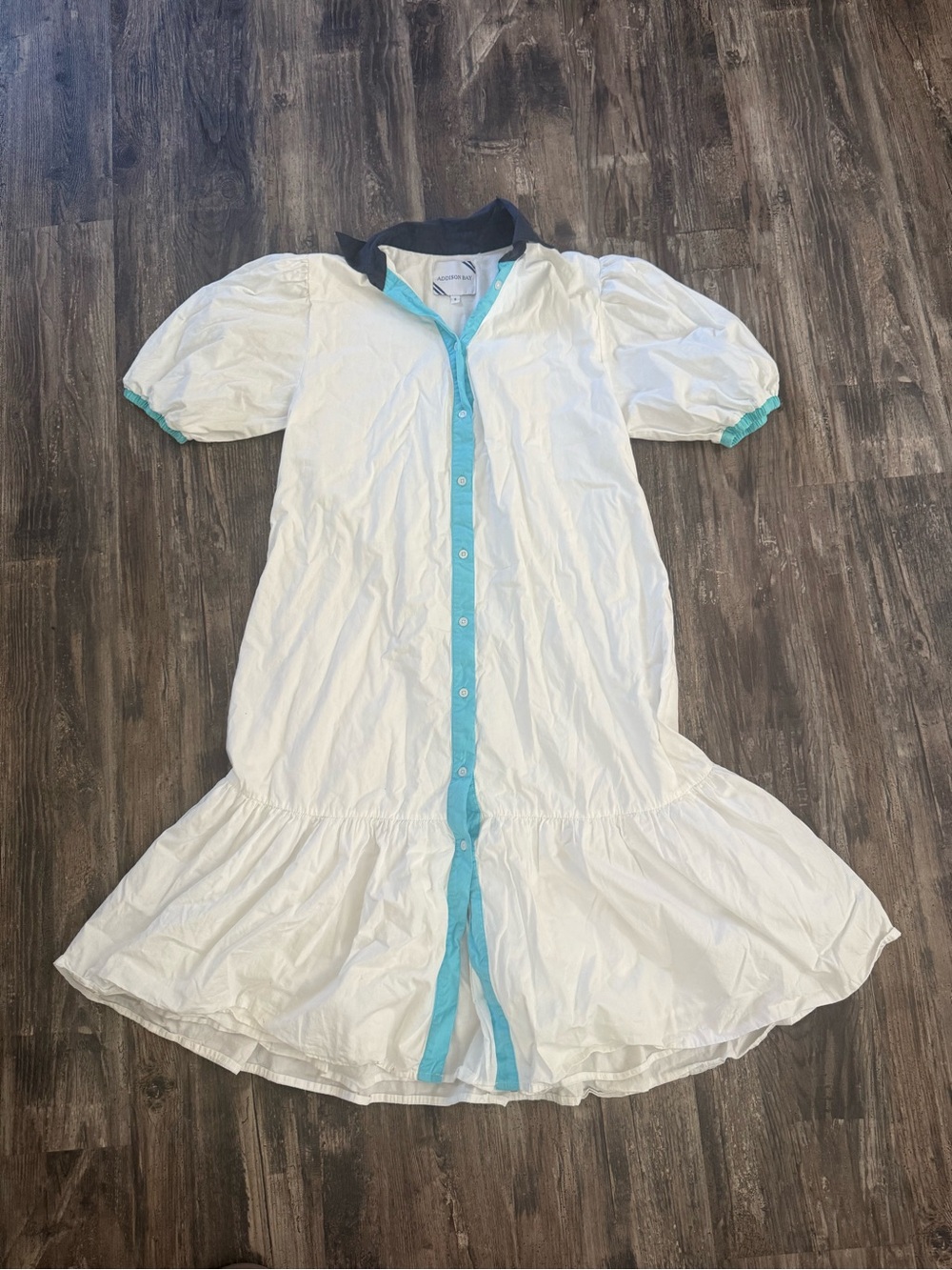 ADDISON BAY ISLE DRESS 100% Poplin Cotton White Blue Pipping Drop Waist Midi SzM